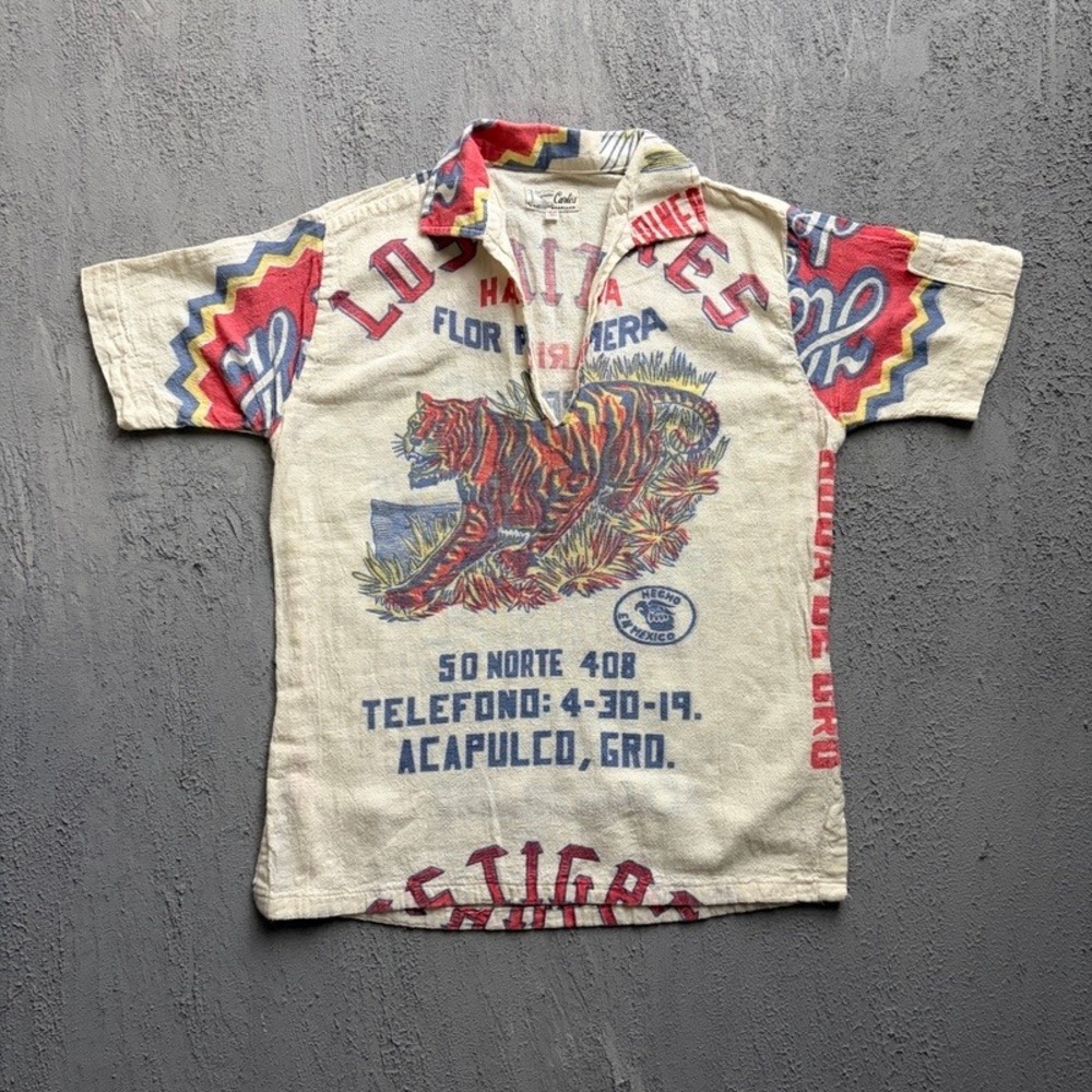 Vintage Carlos Acapulco Shirt Small White 1980s Tiger Souvenir Sack Cloth V-Neck